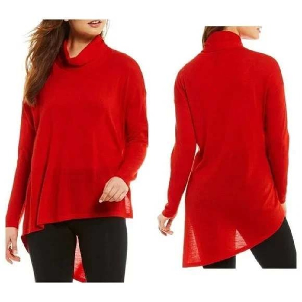 Eileen Fisher Red‎ Merino Wool Sweater Cowl Neck Asymmetric Hem Long Sleeve Sz M